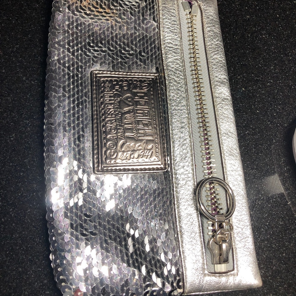 Coach Poppy Silver Sequin Clutch Wristlet